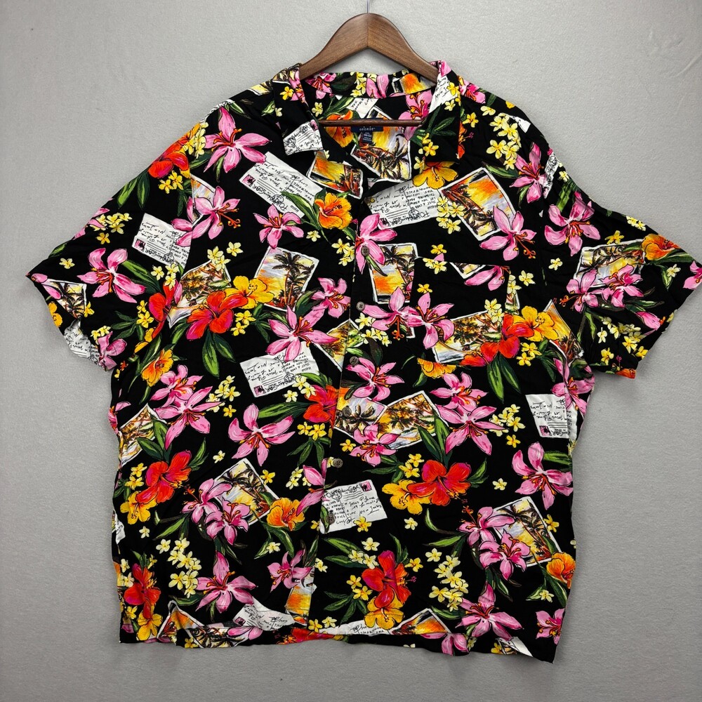 George Mens 2XL Hawaiian Shirt Black Tropical Floral Postcard Camp Aloha Vacay